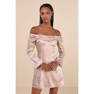 Lulus Truly Yours Blush Satin Jacquard Off-the-shoulder Mini Dress Pink